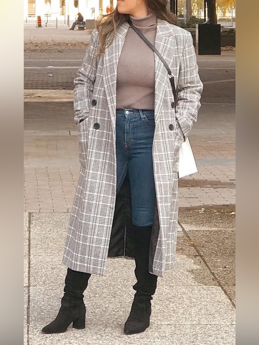 stradivarius Gray Plaid Long Double-Breasted Coat